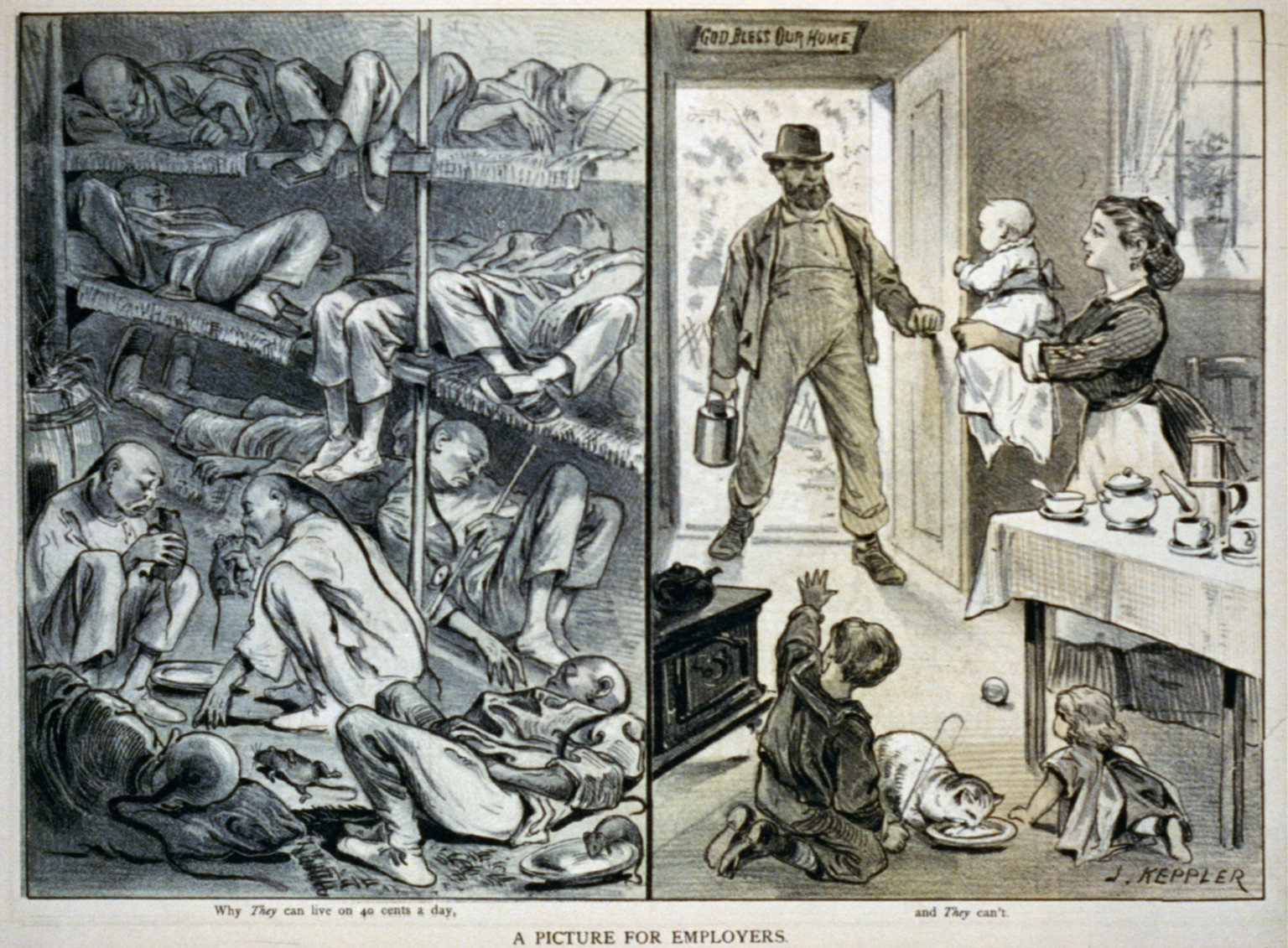 A picture for employers. Why they can live on 40 cents a day, and they can't, 1878 — antique lithograph