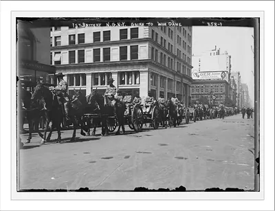 1st Battery, in carts and on horse-back, going to war game, New York