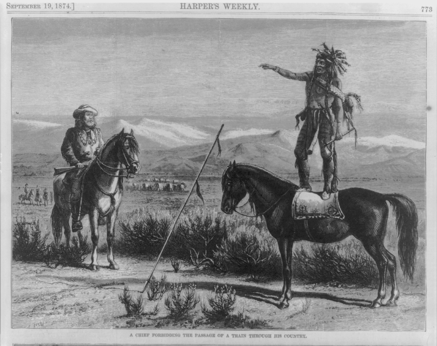 A Chief [standing on horseback] forbidding the passage of a [wagon] train through his country, 1874 — antique engraving