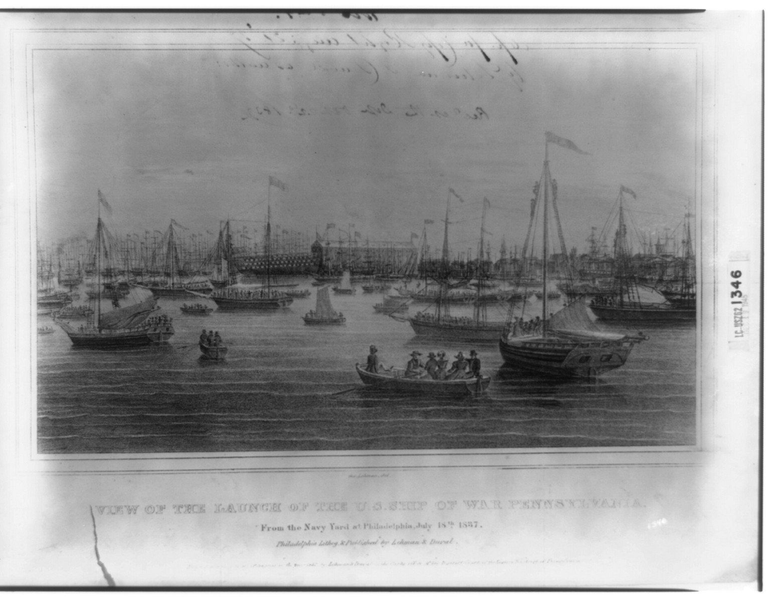 View of the launch of the U.S. ship of war Pennsylvania, c1837 Aug. 21. — historic print