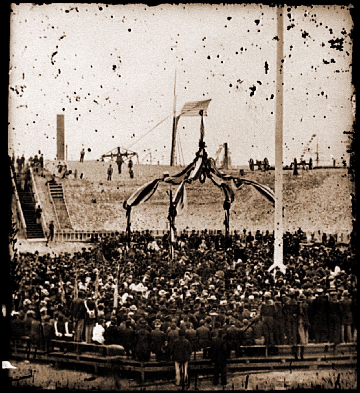 Charleston S.C. Flag-raising ceremony with Brevet Maj. Gen. Robert Anderson and Hen, 1862 — historic photograph