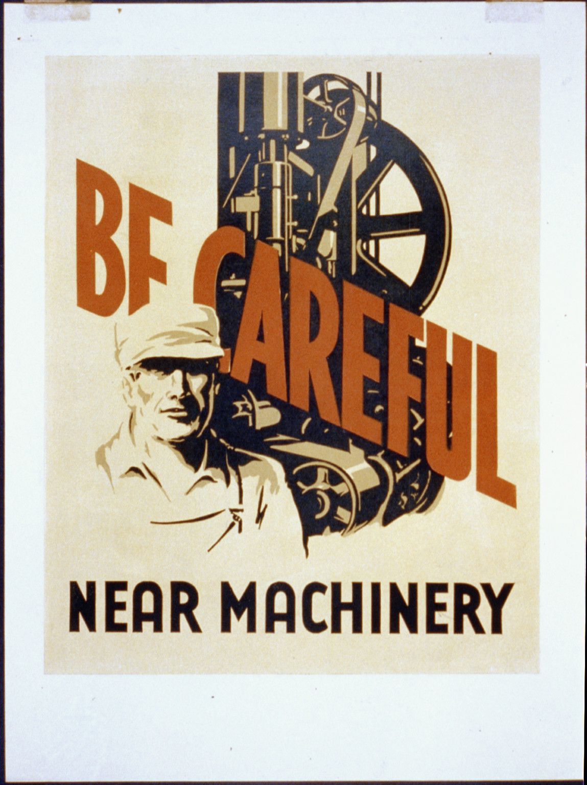 Be careful near machinery, 1936 — vintage poster