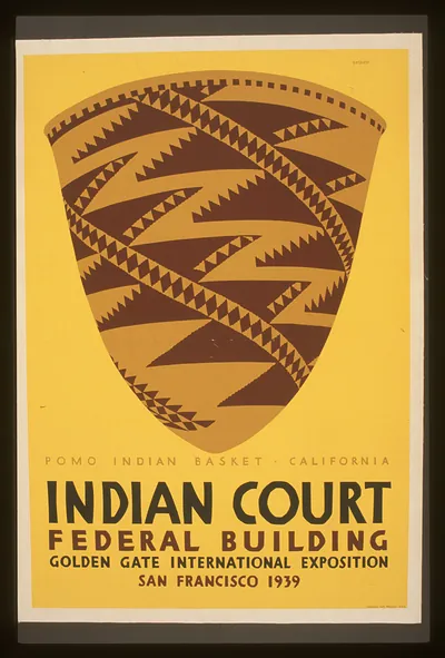 Indian court, Federal Building, Golden Gate International Exposition, San Francisco, 1939 Pomo Indian basket, California / Siegriest.