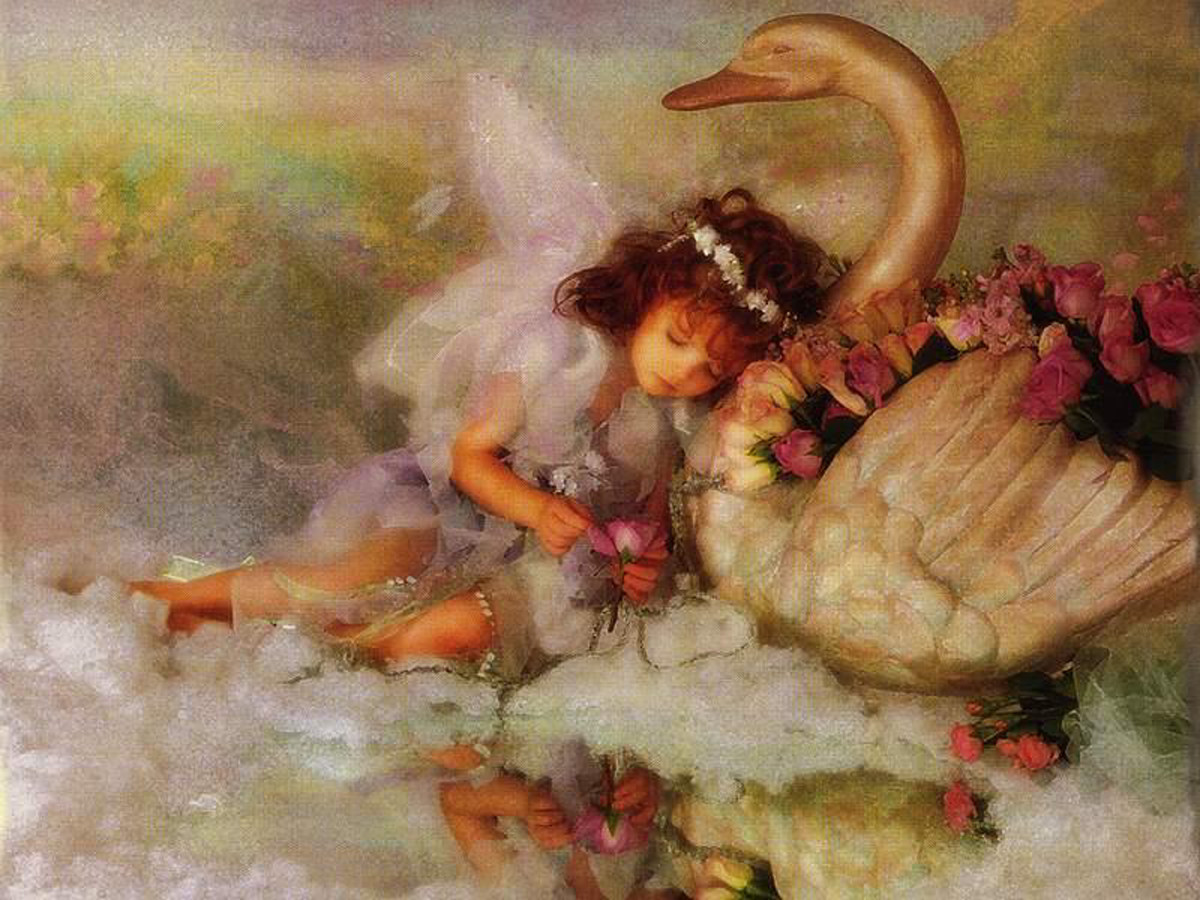 Sleeping fairy resting on a swan with roses — historic image