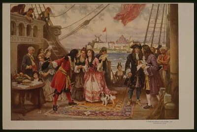 Pirate captain and elegant ladies on a ship deck