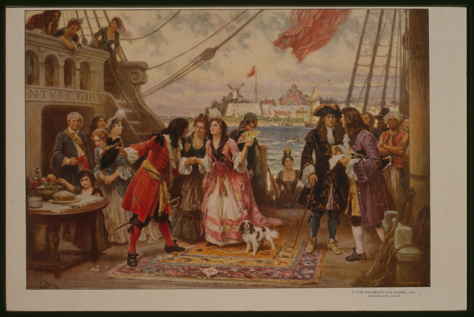 Pirate captain and elegant ladies on a ship deck — historic image