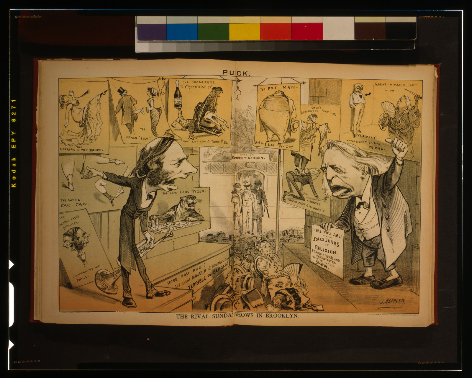 The rival Sunday shows in Brooklyn / J. Keppler ; Mayer, Merkel & Ottmann, lithographers, N.Y., 1878 Oct. 23. — antique lithograph