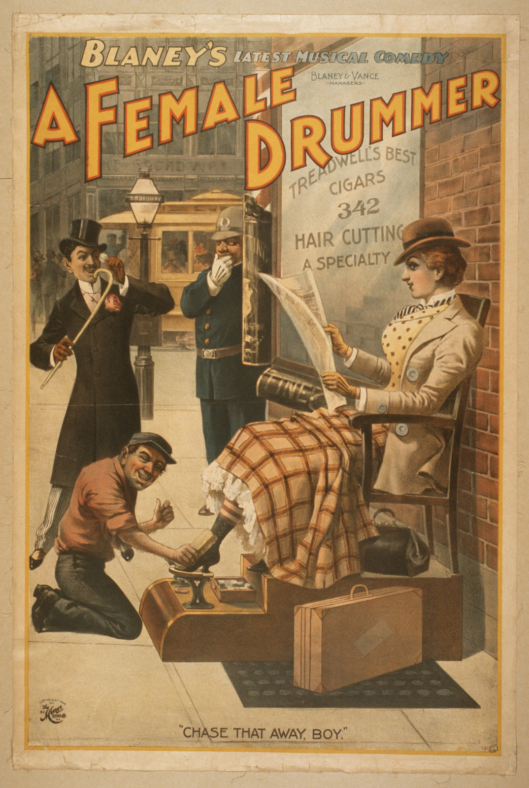 Blaneys latest musical comedy A female drummer, 1898 — vintage poster