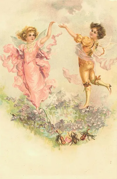 Two fairies dancing over violets with insect musicians