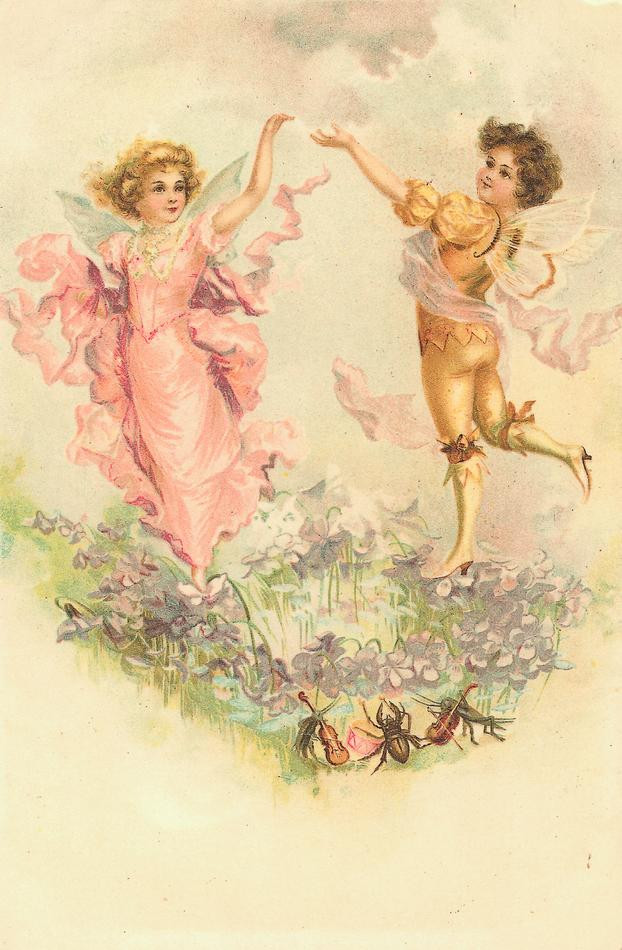 Two fairies dancing over violets with insect musicians — historic image