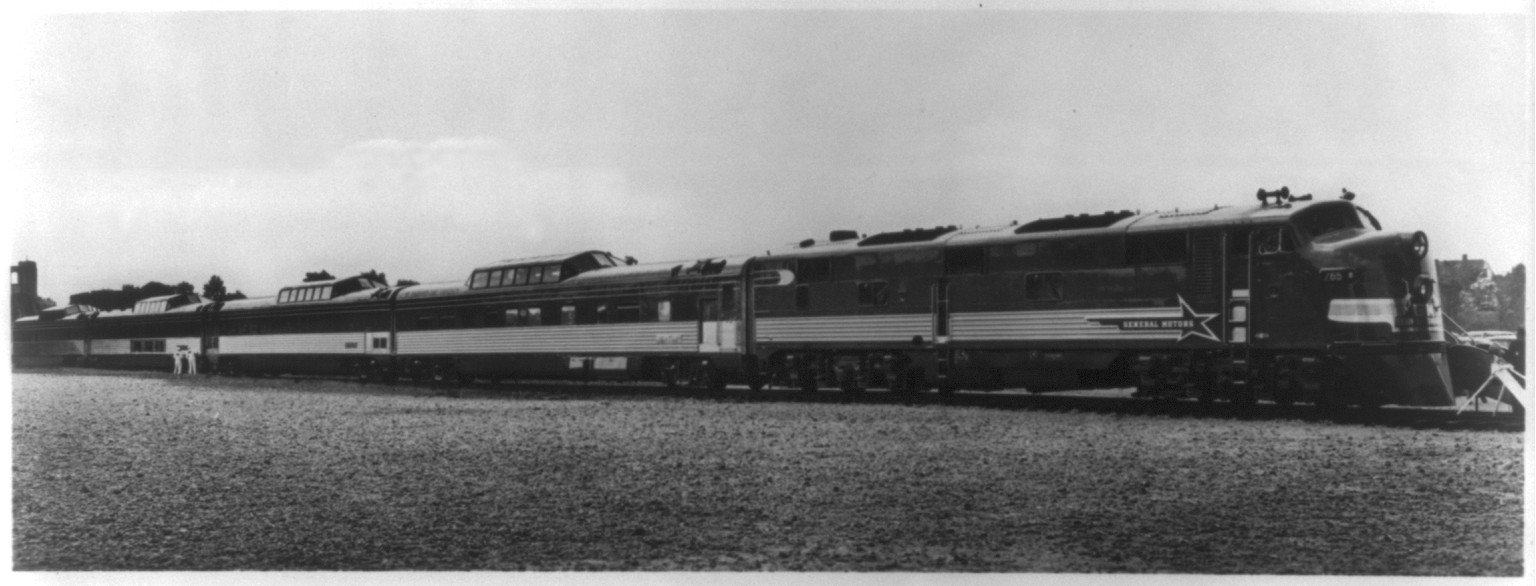 Streamlined diesel train with locomotive, General Motors Train of Tomorrow — historic image