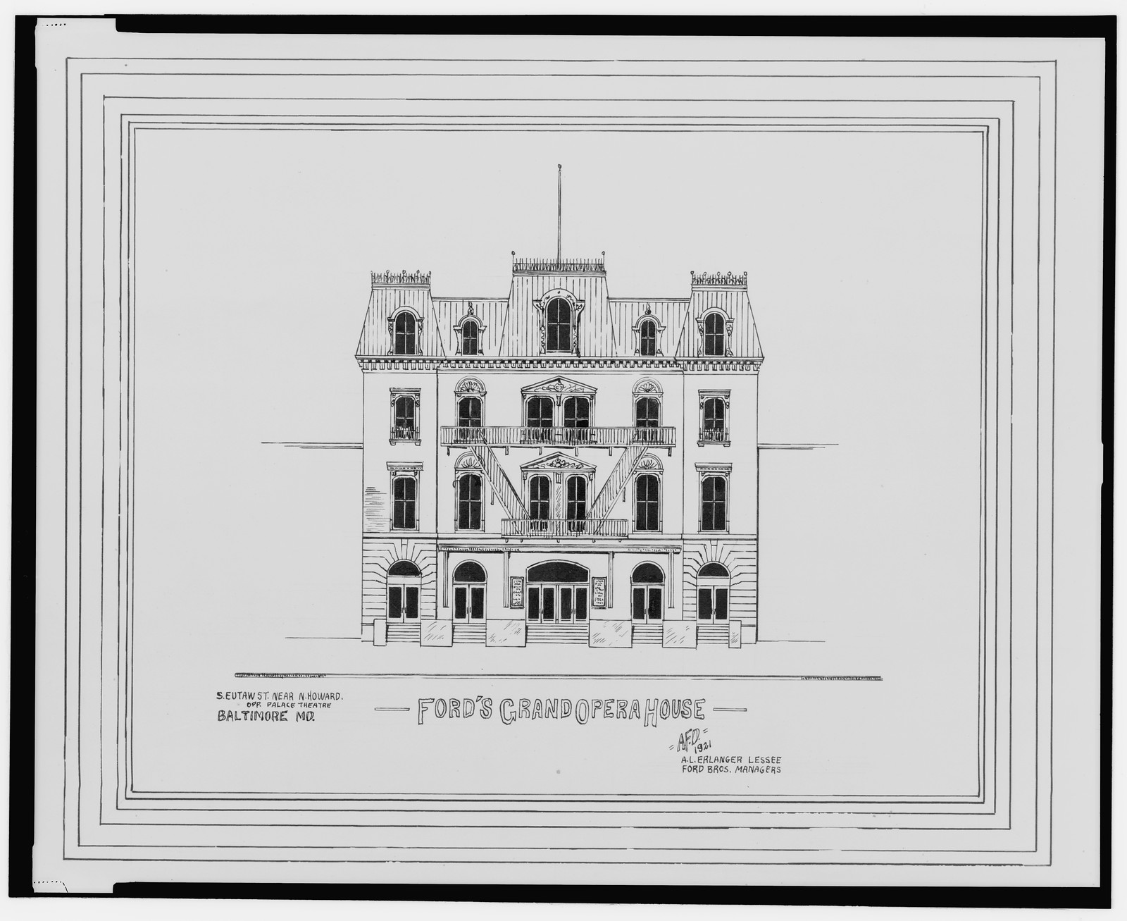 [Ford's Grand Opera House, S. Eutaw St. near N. Howard St., opposite Palace Theatre, Baltimore, Maryland] / AFD 1921., And Engineering (ADE) Drawings — vintage poster