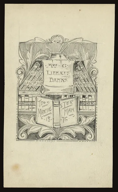 Bookplate design for Mrs G. Linnaeus Banks, with book motifs