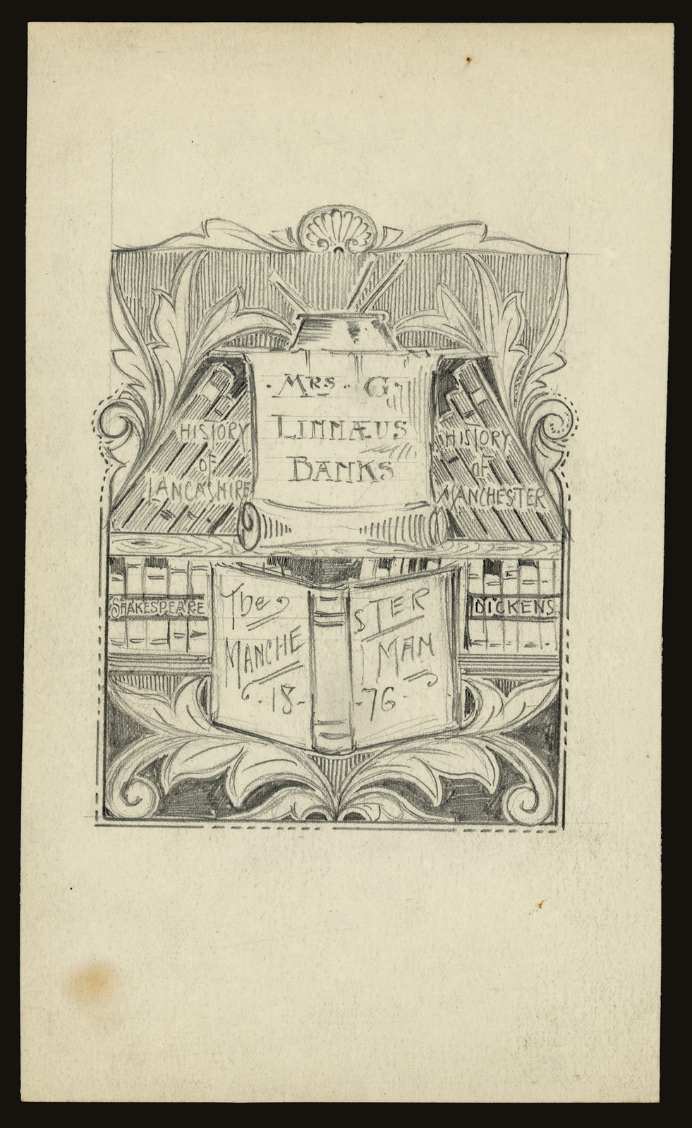 Bookplate design for Mrs G. Linnaeus Banks, with book motifs — historic image
