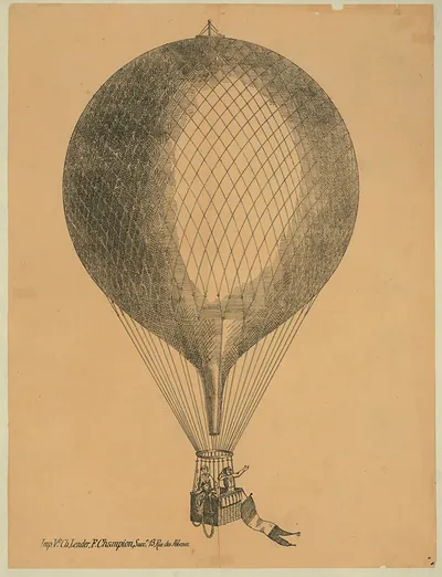 Hot air balloon with figures in basket, printed by Champion