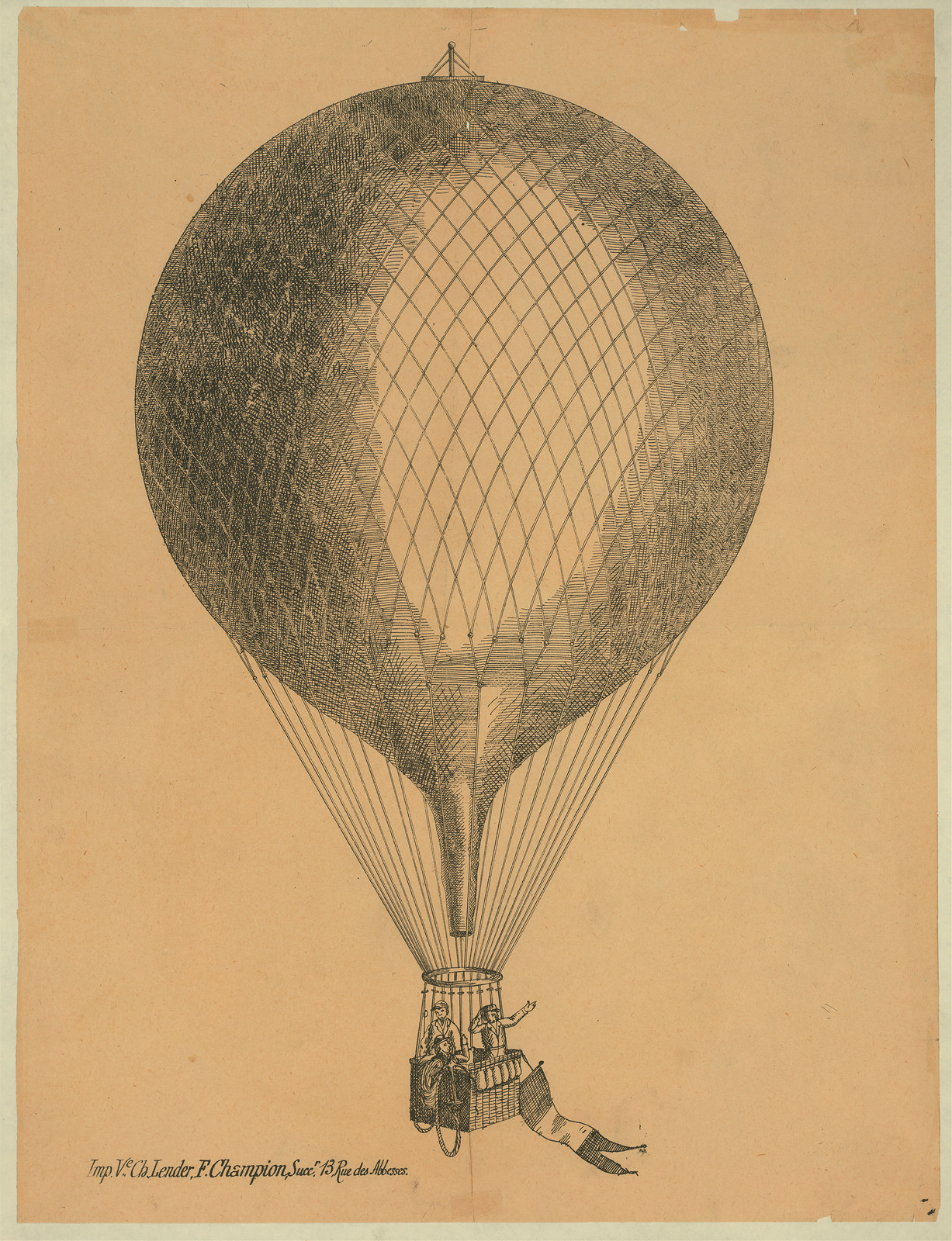 Hot air balloon with figures in basket, printed by Champion — historic print