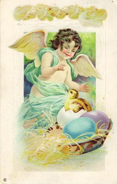 Winged cherub with hatching chick and Easter eggs
