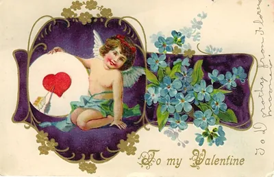 Valentine postcard: cupid, red heart, forget-me-nots, "To my Valentine