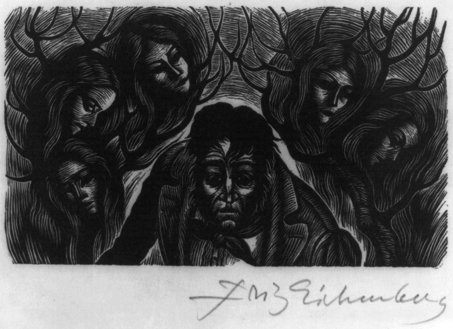 [Heathcliff haunted by faces; illus for Wuthering Heights], [no date recorded on caption card] — antique engraving