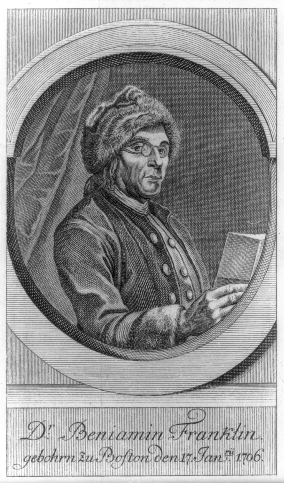Dr. Beniamin [i.e., Benjamin] Franklin gebohrn zu Boston den 17 Janü. 1706, Nürnberg : G.N. Raspe, [1778] — historic print