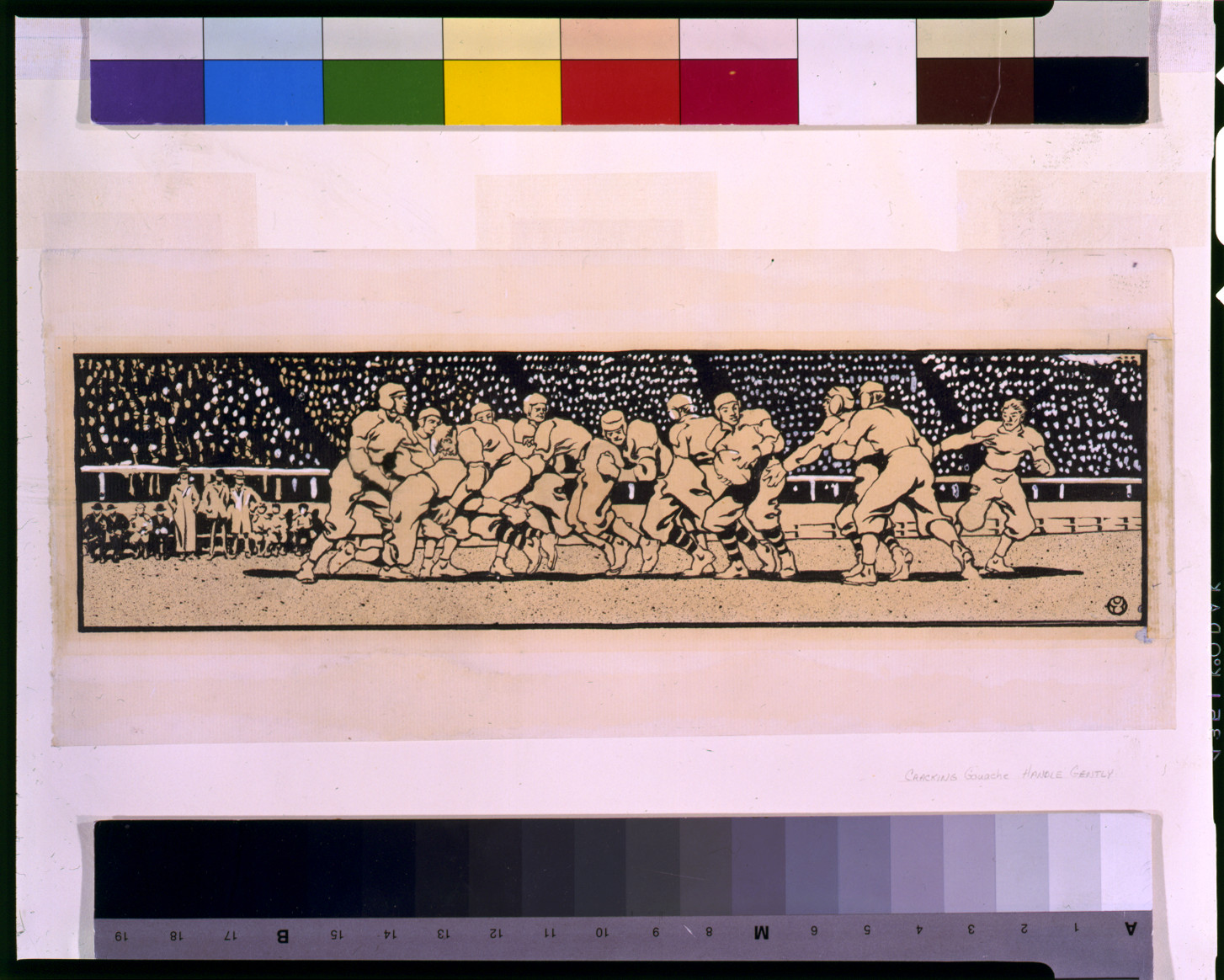Football players in a tackle scrum before a packed stadium crowd — historic image