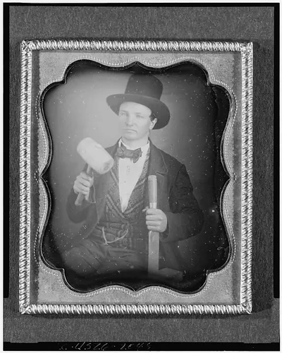 Daguerreotype occupational portrait of a man with mallet and chisel