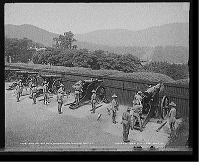 Siege battery drill, sponging after firing, [United States Military Academy], West Point, N.Y.