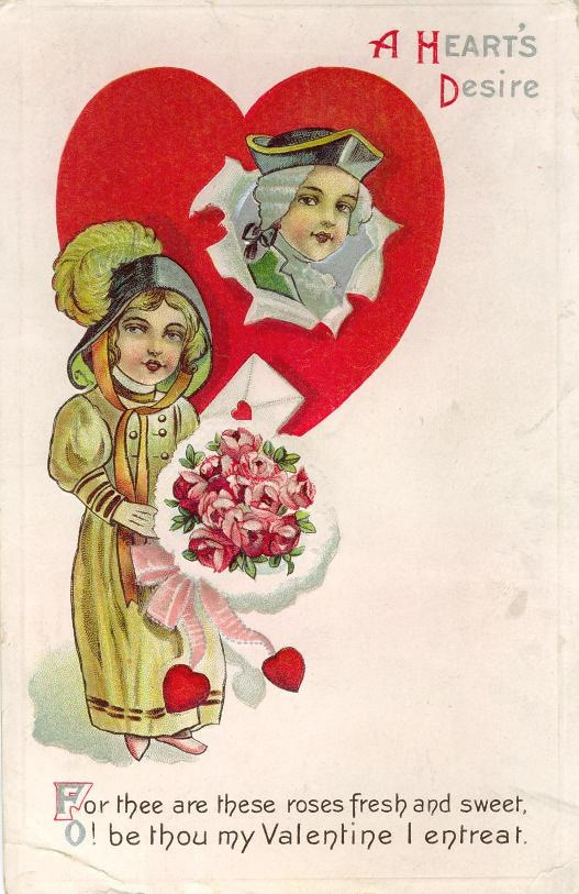 A Heart's Desire Valentine postcard with roses and verse — vintage postcard