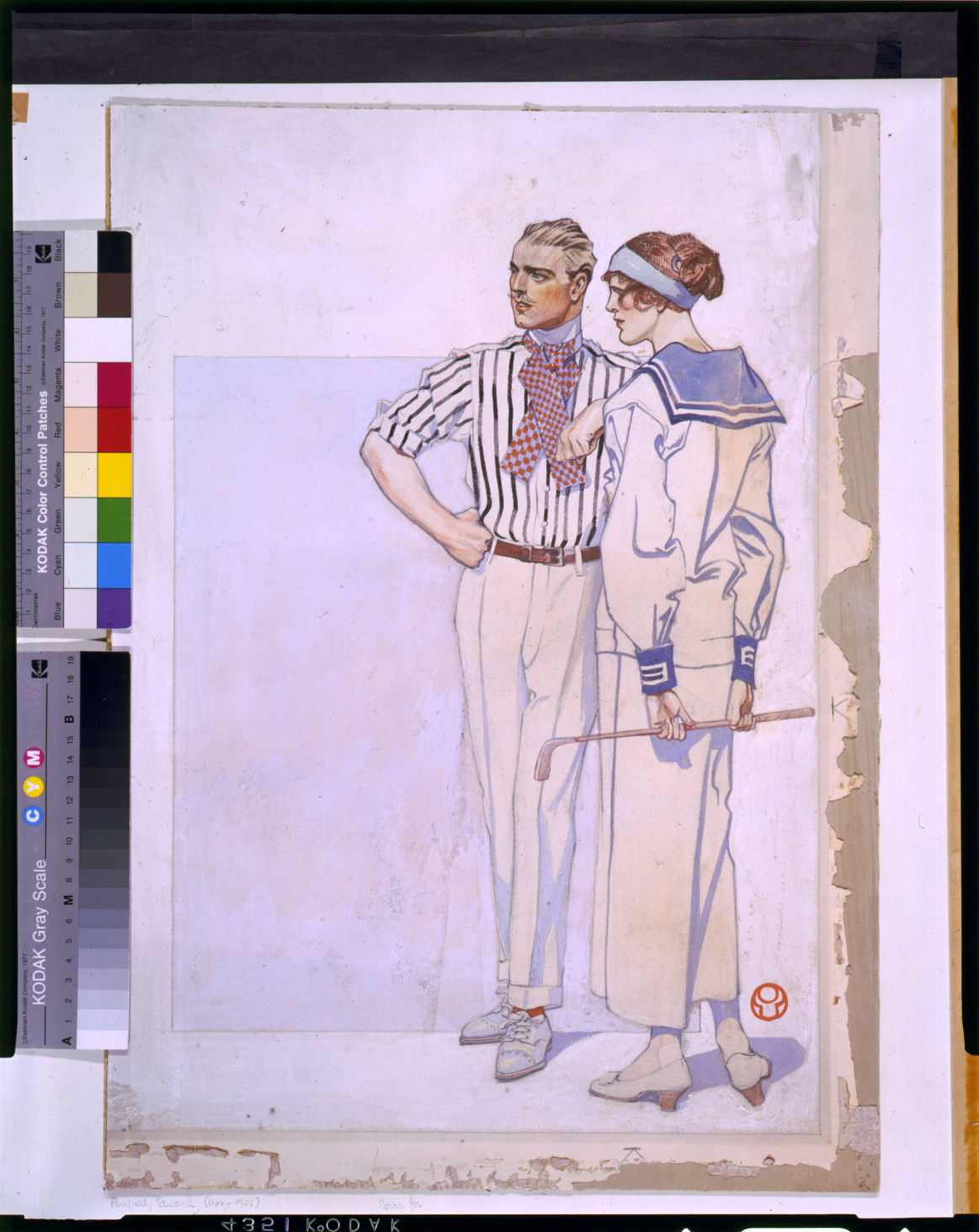 Man and woman in early sporting attire, woman holding a golf club — historic image