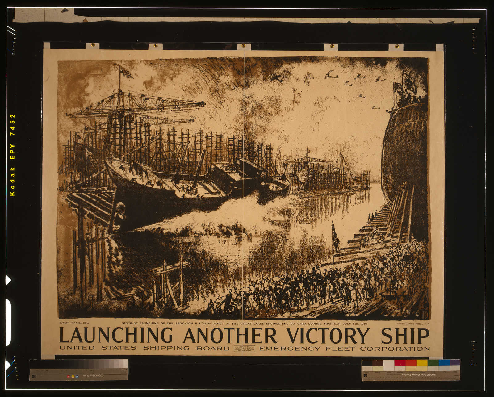 Launching another victory ship United States Shipping Board Emergency Fleet Corporation / Ioseph Pennell del. Ketterlinus Phila. imp., 1918 — vintage poster