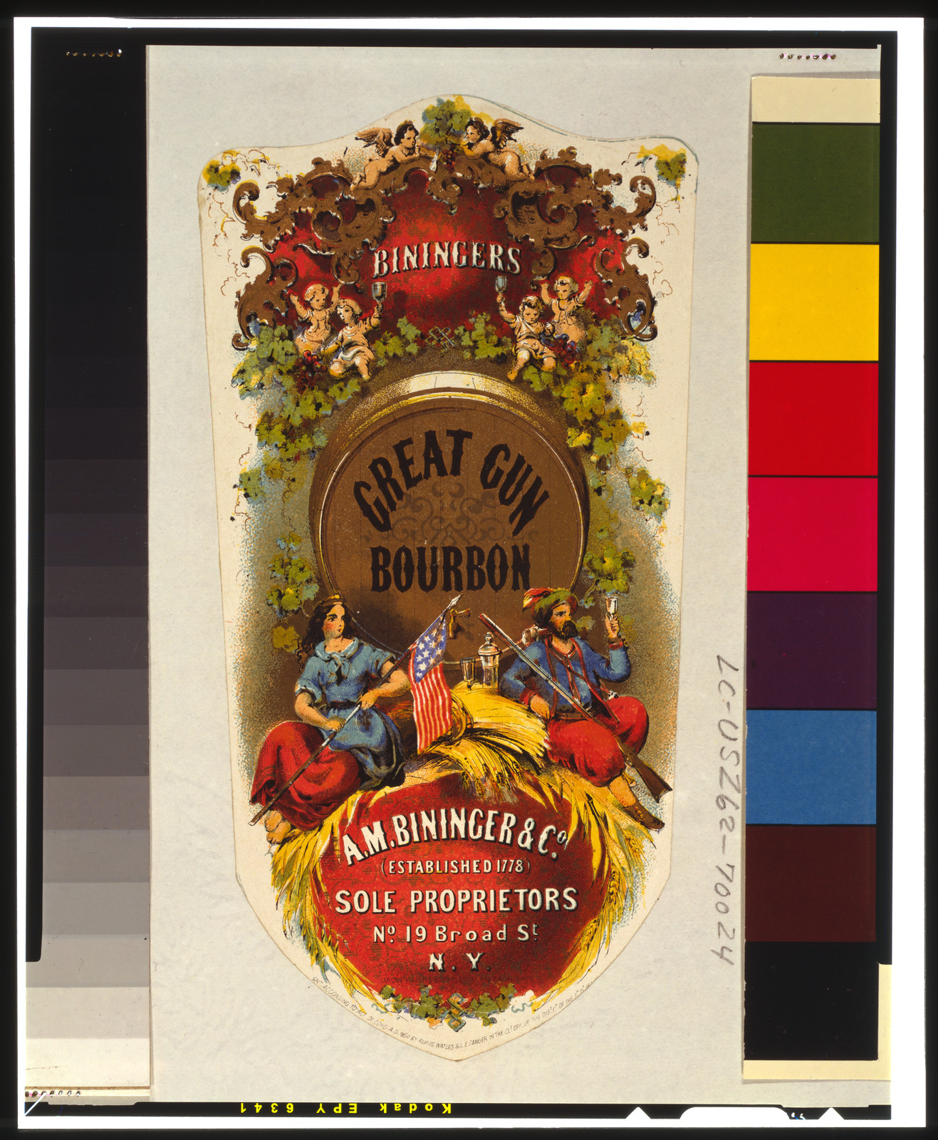 Bininger's Great Gun Bourbon, A.M. Bininger & Co., N.Y. / Sarony, Major & Knapp liths., N.Y., c1860. — antique lithograph