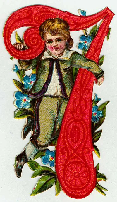 Victorian die-cut scrap of a boy beside a red letter