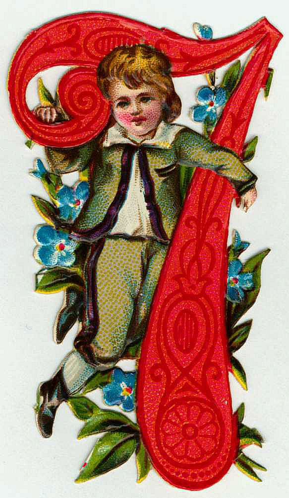 Victorian die-cut scrap of a boy beside a red letter — historic image