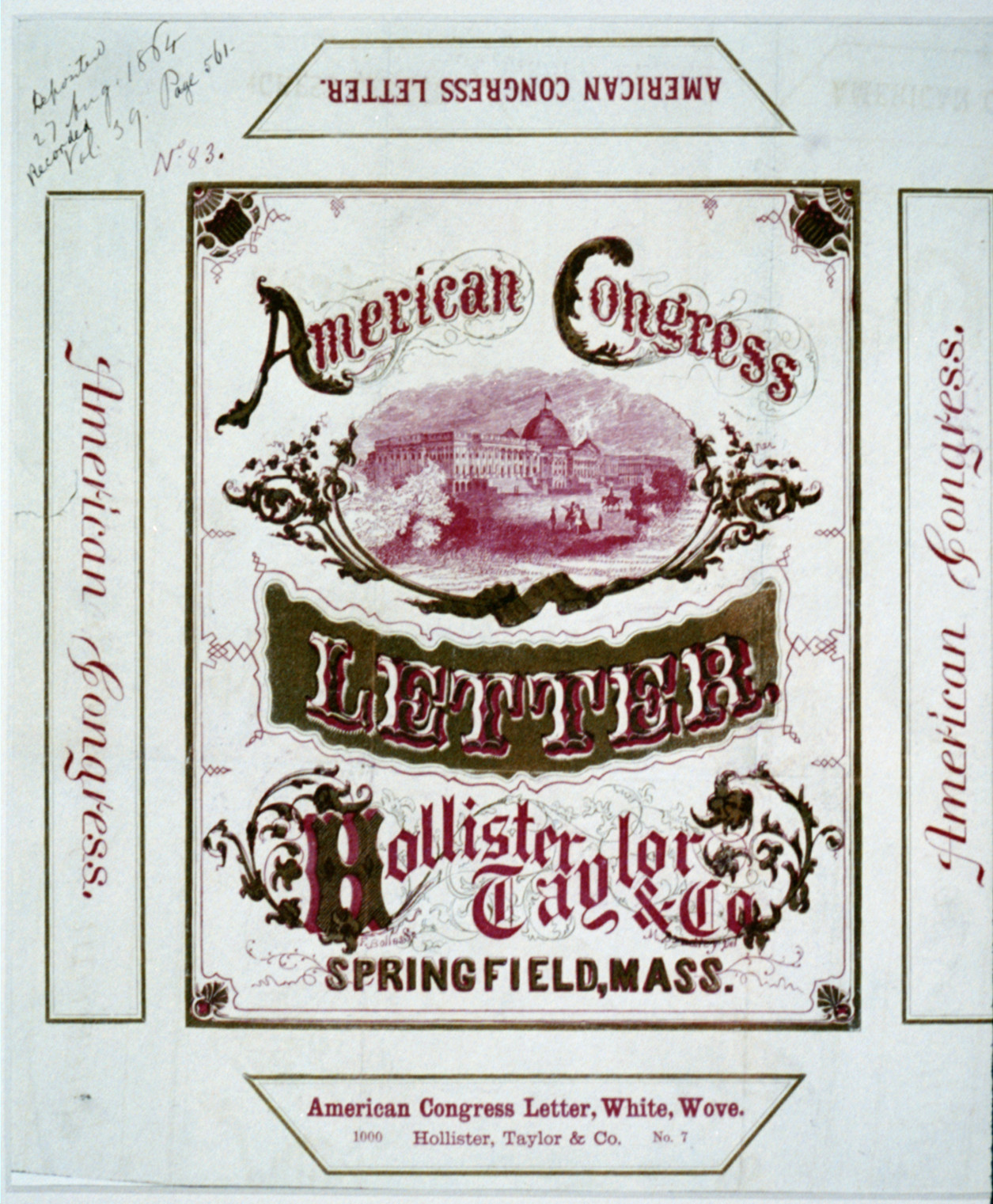 American Congress letter - Hollister, Taylor & Co., Springfield, Mass., c1864. — antique engraving