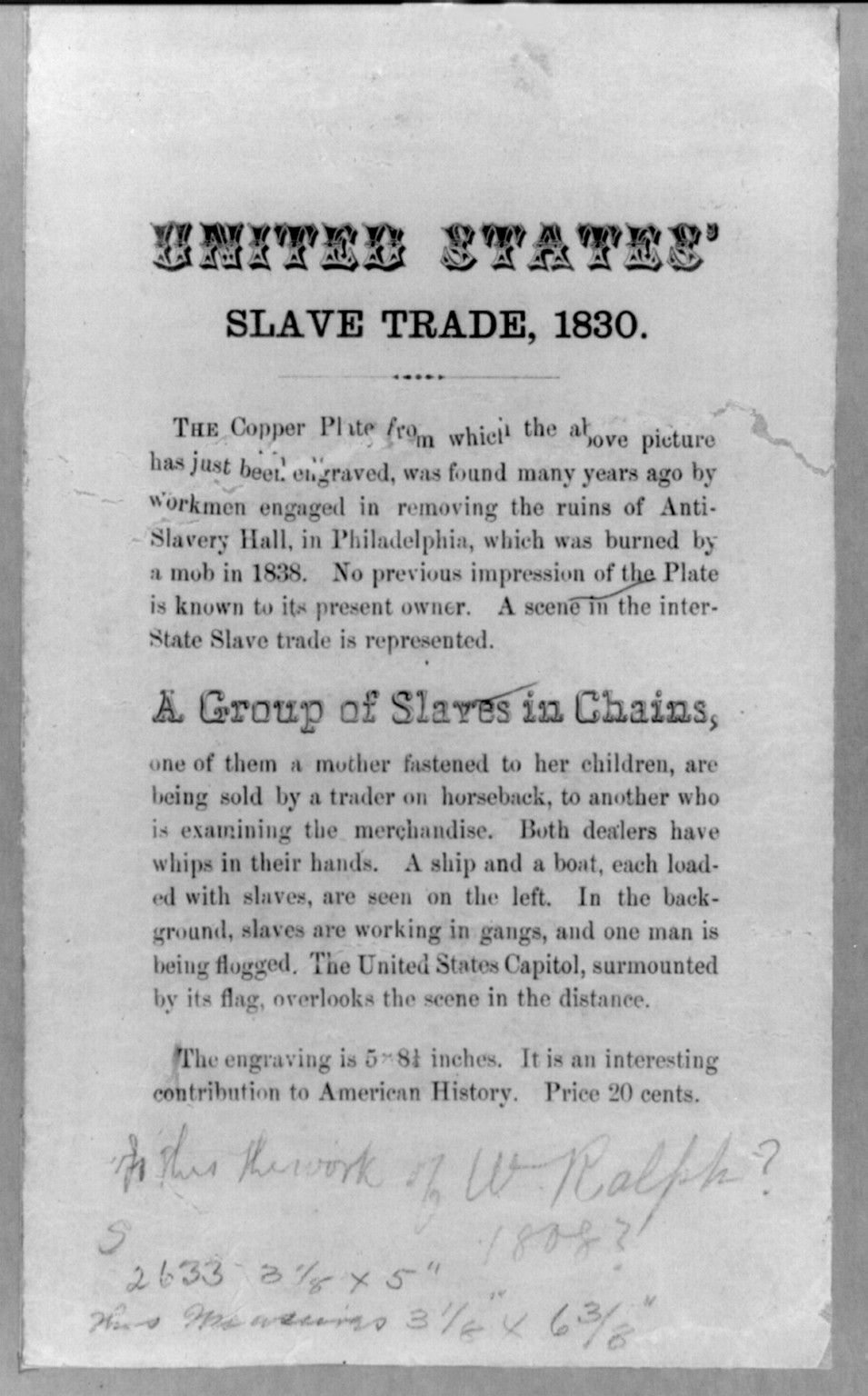 United States' slave trade, 1830, 1830 — historic print