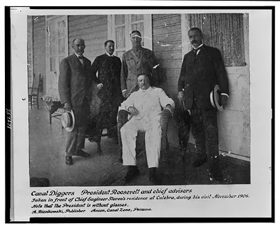 Canal diggers, President Roosevelt, and chief advisers--Taken in front of Chief Engineer Steven's resident at Culebra, during his visit November 1906