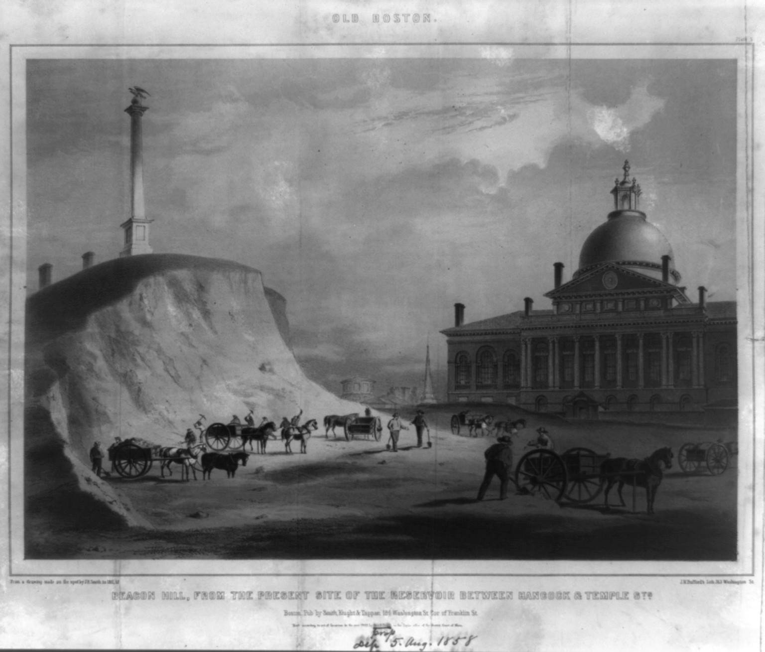 Old Boston. Beacon Hill from the present site of the reservoir between Hancock & Temple Sts., Boston : Smith, Knight & Tappan, c1858 August 5. — antique lithograph