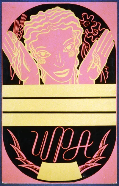 [WPA poster design on red background showing the head and hands of a woman holding fl
