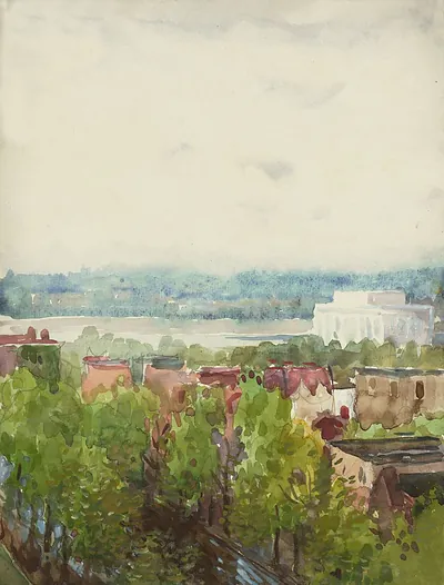 Watercolor view over rooftops, trees and a distant white building