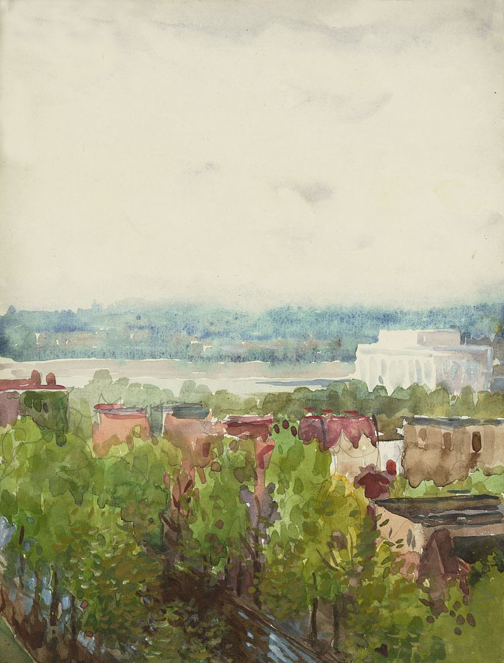 Watercolor view over rooftops, trees and a distant white building — historic image