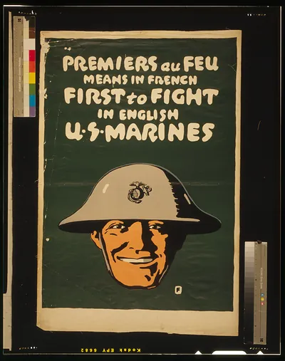 Premiers au feu means in French first to fight, in English U.S. Marines / F.