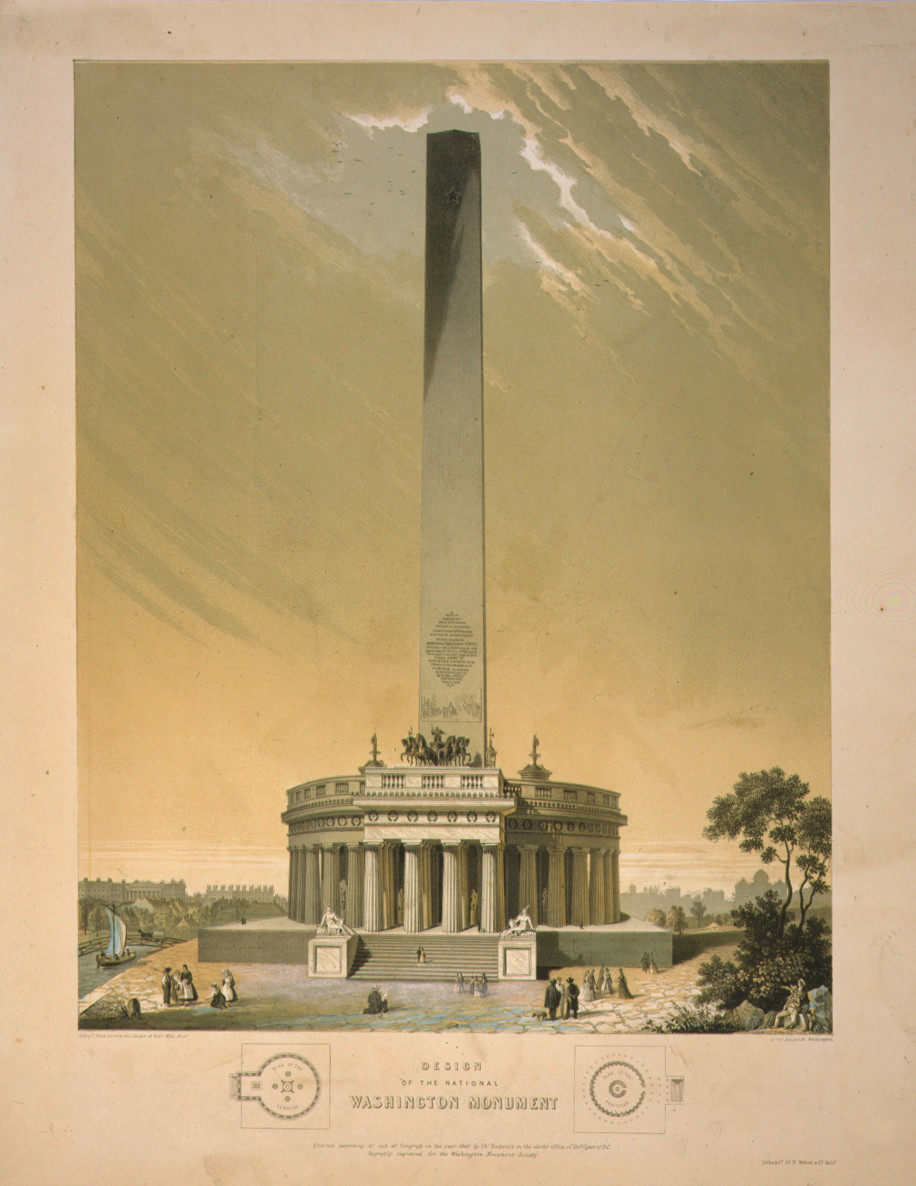Design Of The Washington National Monument To Be Erected In The City Of Washington, c. 1846 — antique lithograph