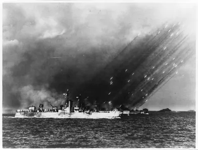 LSM's (r) sending rockets at shores of Pokishi Shima, near Okinawa, five days before invasion