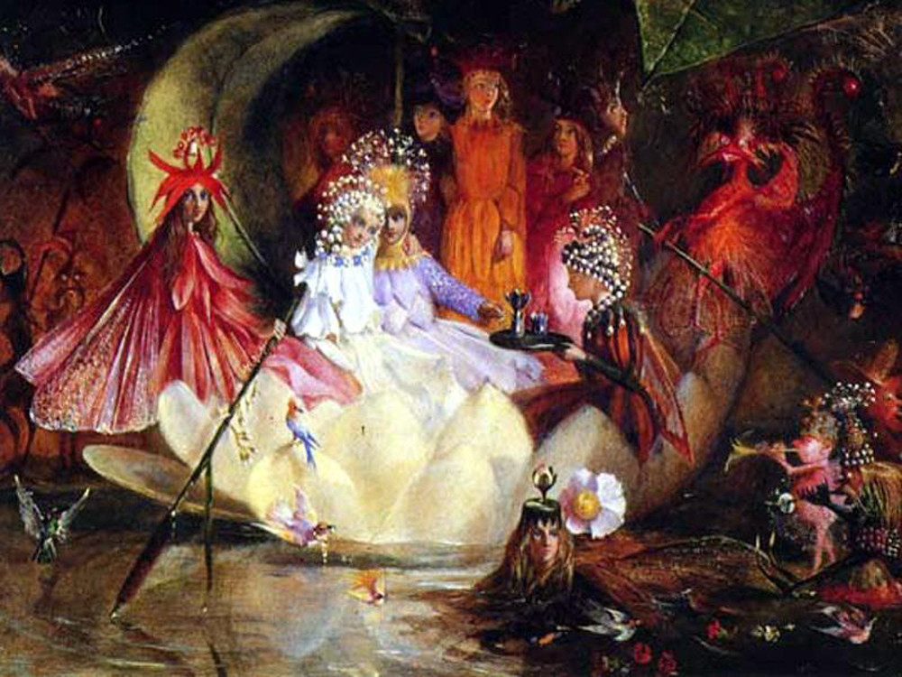 Fairies gathered around a pale shell boat in a fantasy scene — historic image