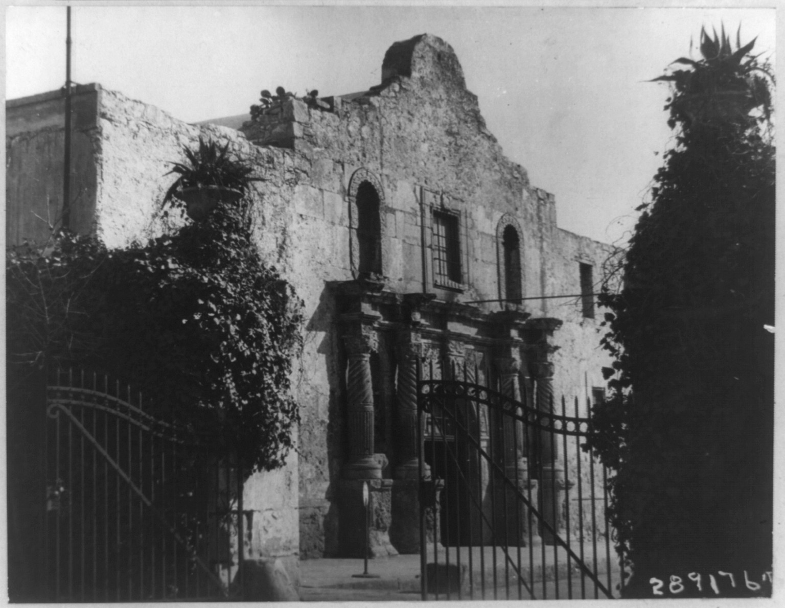 The front of the Alamo through the compound gate, San Antonio, Texas, c1922. — historic photograph