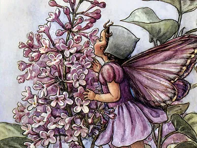 Fairy with butterfly wings smelling lilac blossoms