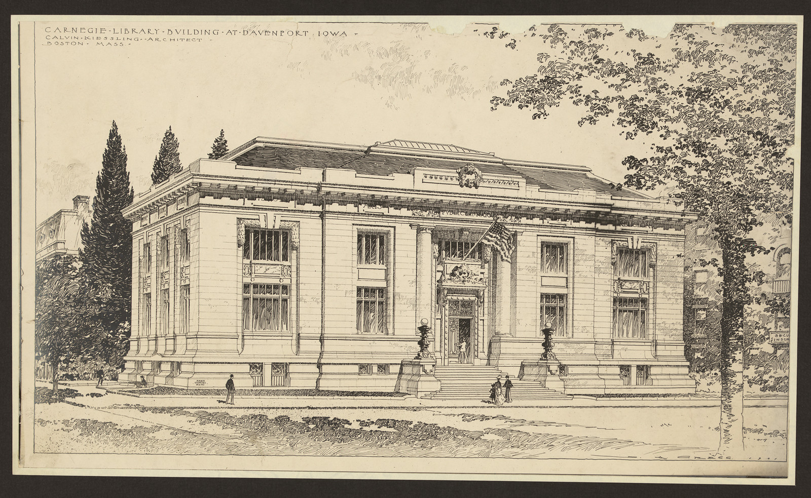 Carnegie Library Building at Davenport, Iowa architect drawing — historic drawing
