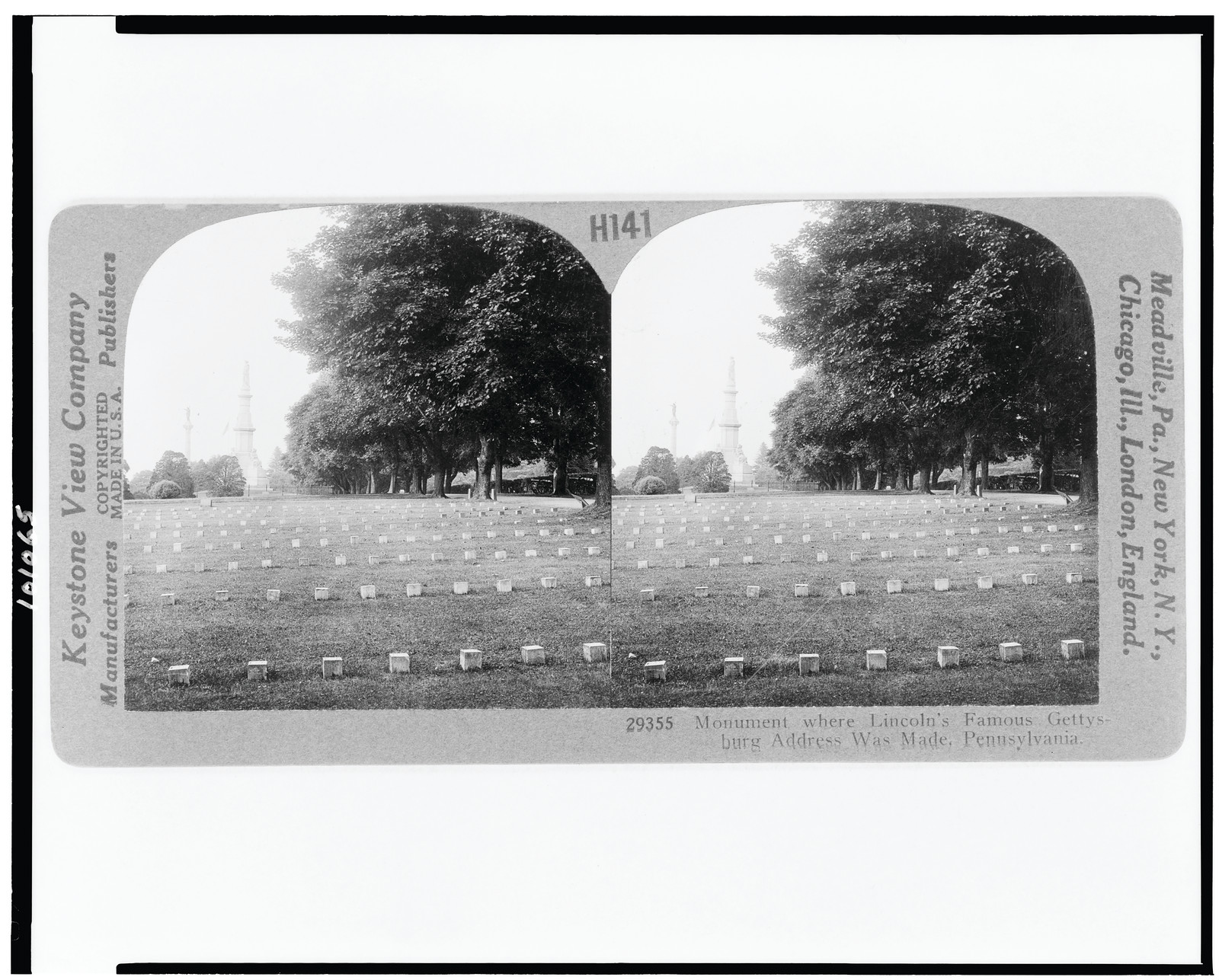 Monument where Lincoln's famous Gettysburg Address was made, Pennsylvania, Meadville, Pa. : Keystone View Company, c1927. — historic photograph
