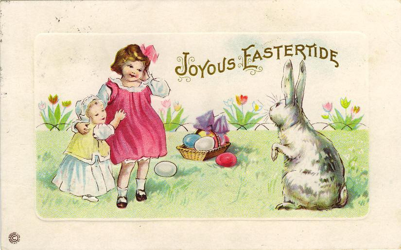 Joyous Eastertide postcard with two girls and a rabbit — vintage postcard