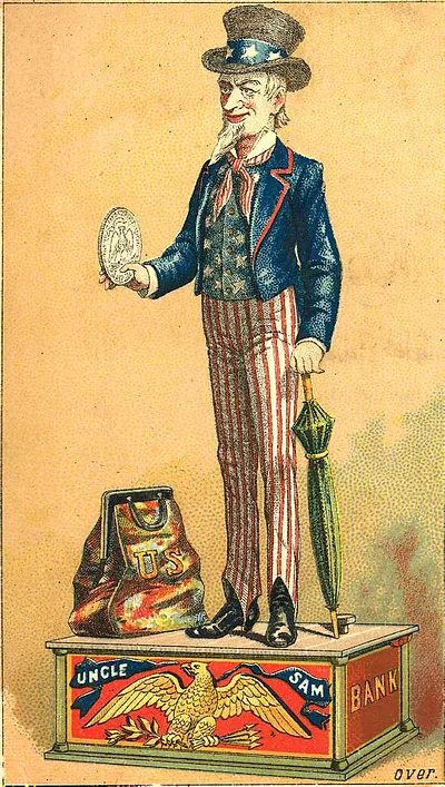 Uncle Sam standing on Bank pedestal with money bag